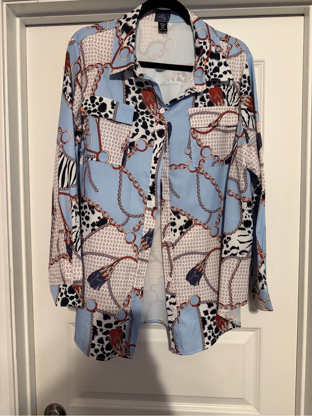 SHEIN Light Blue Chain & Animal Mix Button-Down Shirt